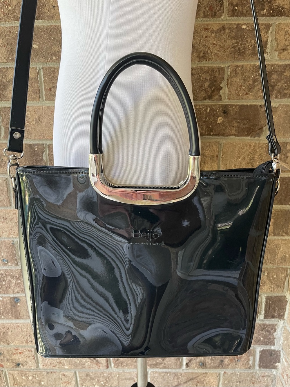 Beijo Black Patent Finish Structured Handbag Shoulder Bag Silver Hardware